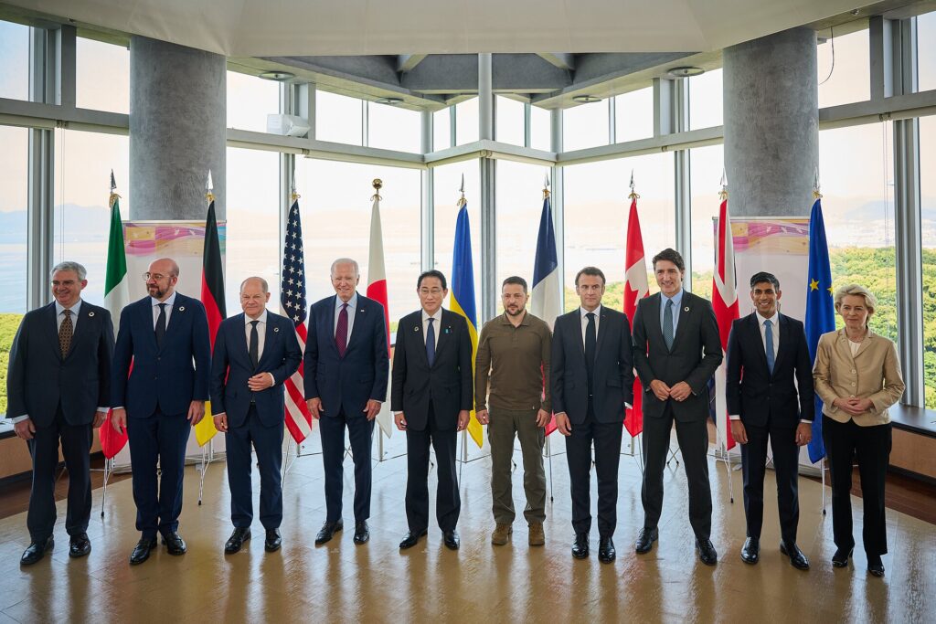 G7 leaders standing together with President Zelensky at the G7 Hiroshima Summit