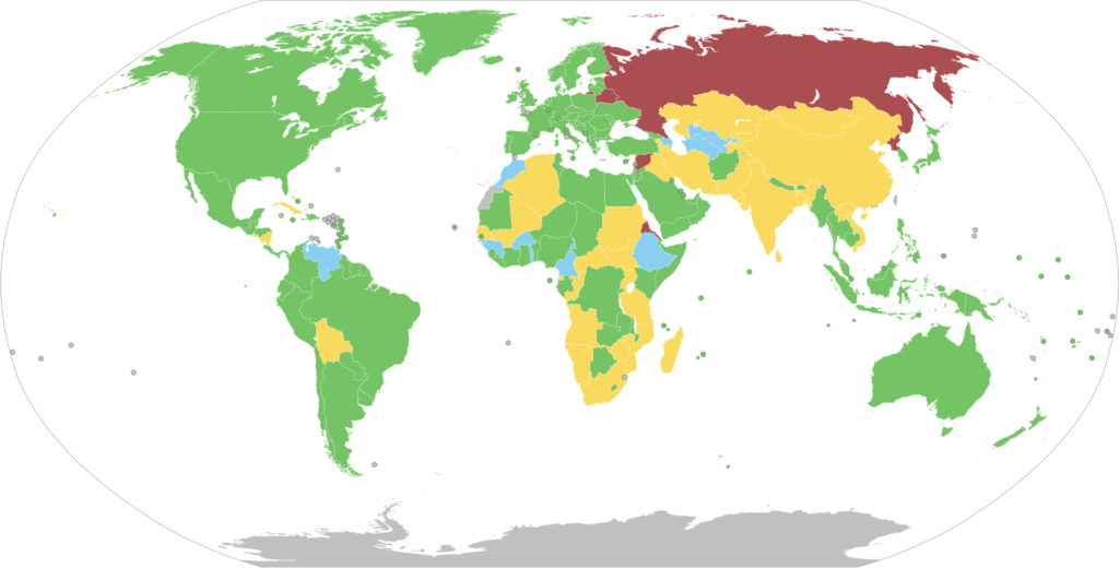 決議ES-11/1への各国の投票を色分けした世界地図